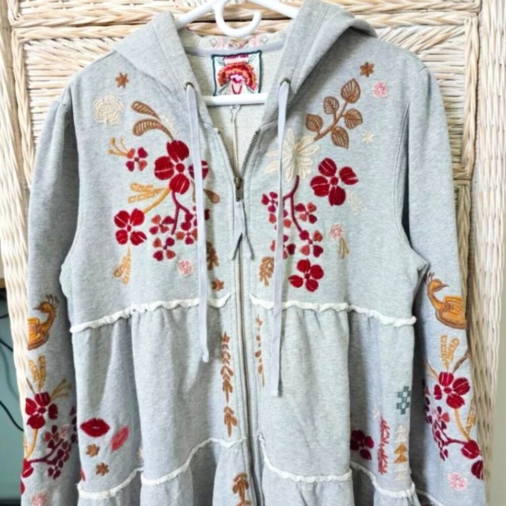 Johnny Was Sweatshirt "Zuzu" Embroidered Tiered Zip Hoodie (Grey)  LG $270 new